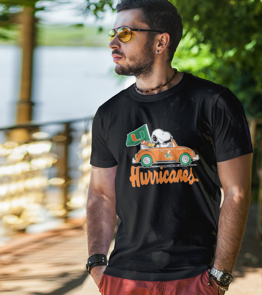 Peanuts Snoopy Woodstock Miami Hurricanes Car Driving With Flag T-Shirt