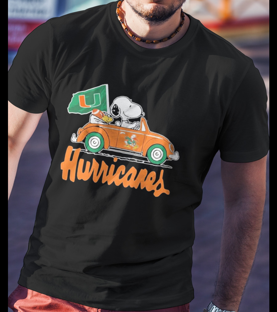 Peanuts Snoopy Woodstock Miami Hurricanes Car Driving With Flag T-Shirt