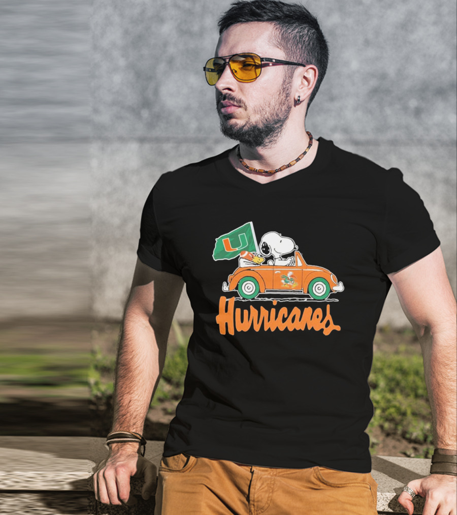 Peanuts Snoopy Woodstock Miami Hurricanes Car Driving With Flag T-Shirt