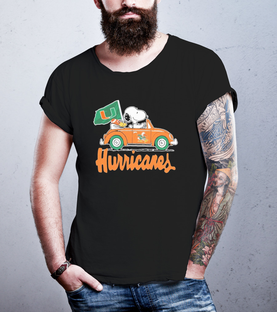 Peanuts Snoopy Woodstock Miami Hurricanes Car Driving With Flag T-Shirt
