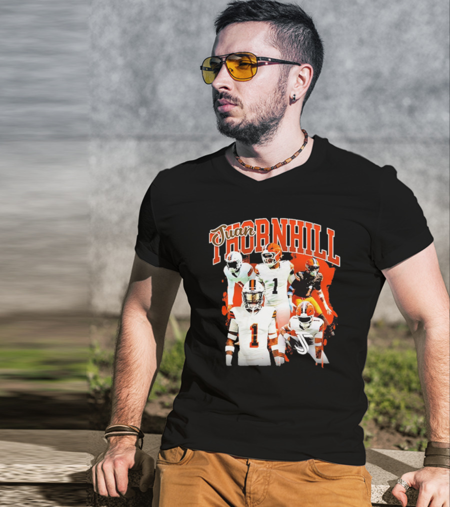 Juan Thornhill Football Player Orange And Black Action Collage T-Shirt