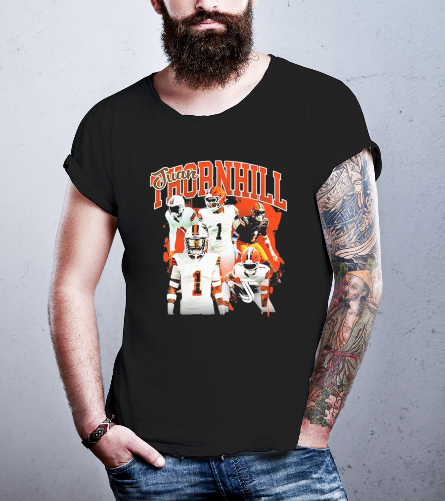 Juan Thornhill Football Player Orange And Black Action Collage T-Shirt