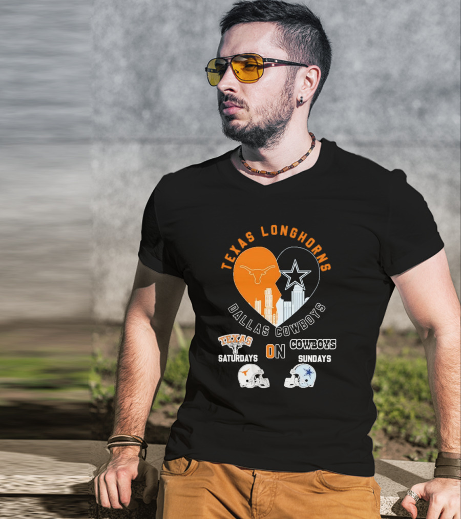 Texas Longhorns Dallas Cowboys Heart Skyline Saturdays Sundays Football Helmets T-Shirt