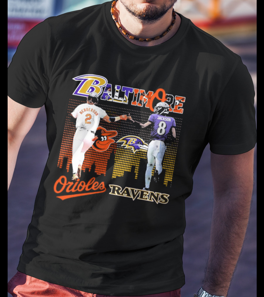 Baltimore Orioles Gunnar Henderson Baltimore Ravens Lamar Jackson City Skyline T-Shirt
