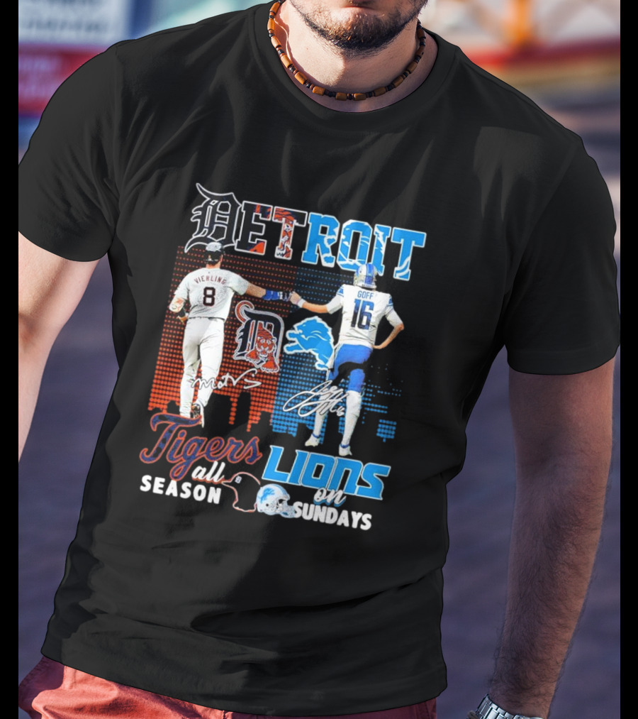 Detroit Tigers All Season X Detroit Lions On Sundays Detroit Tigers Lions Logos Sports Icons Collaboration T-Shirt