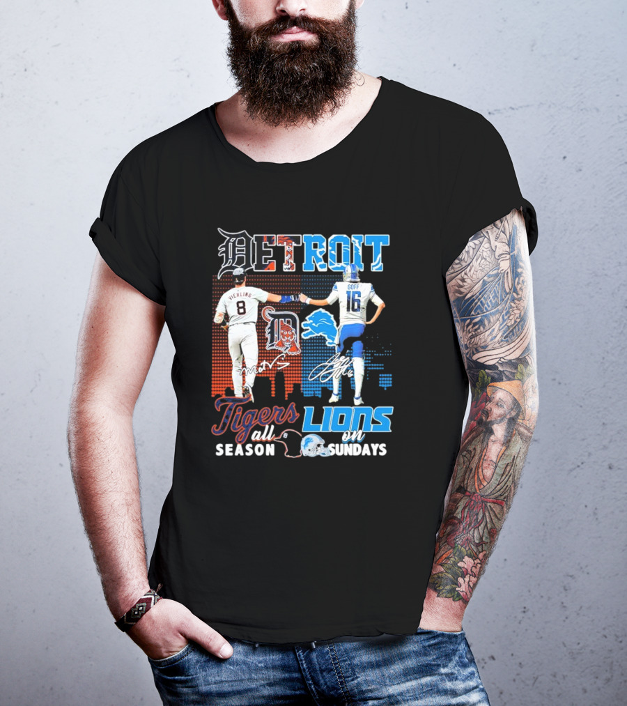 Detroit Tigers All Season X Detroit Lions On Sundays Detroit Tigers Lions Logos Sports Icons Collaboration T-Shirt