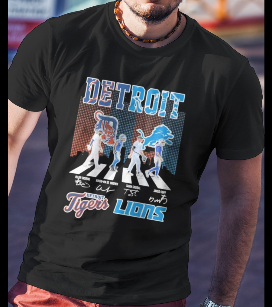 Detroit Lions Detroit Tigers Abbey Road Riley Greene Amon-Ra St. Brown Tarik Skubal Jared Goff Signatures T-Shirt