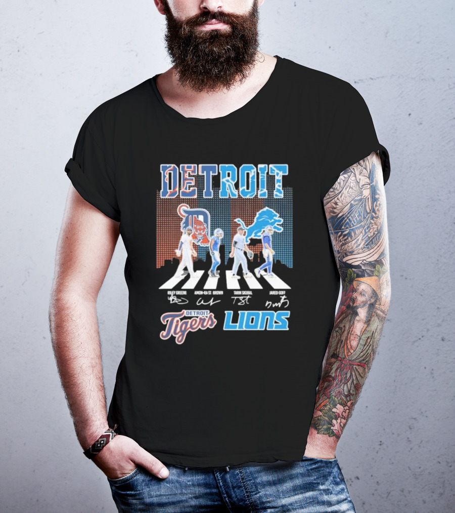 Detroit Lions Detroit Tigers Abbey Road Riley Greene Amon-Ra St. Brown Tarik Skubal Jared Goff Signatures T-Shirt