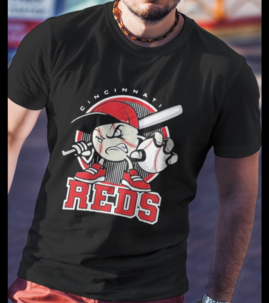 Cincinnati Reds Retro Baseball Character With Cap And Bat T-Shirt