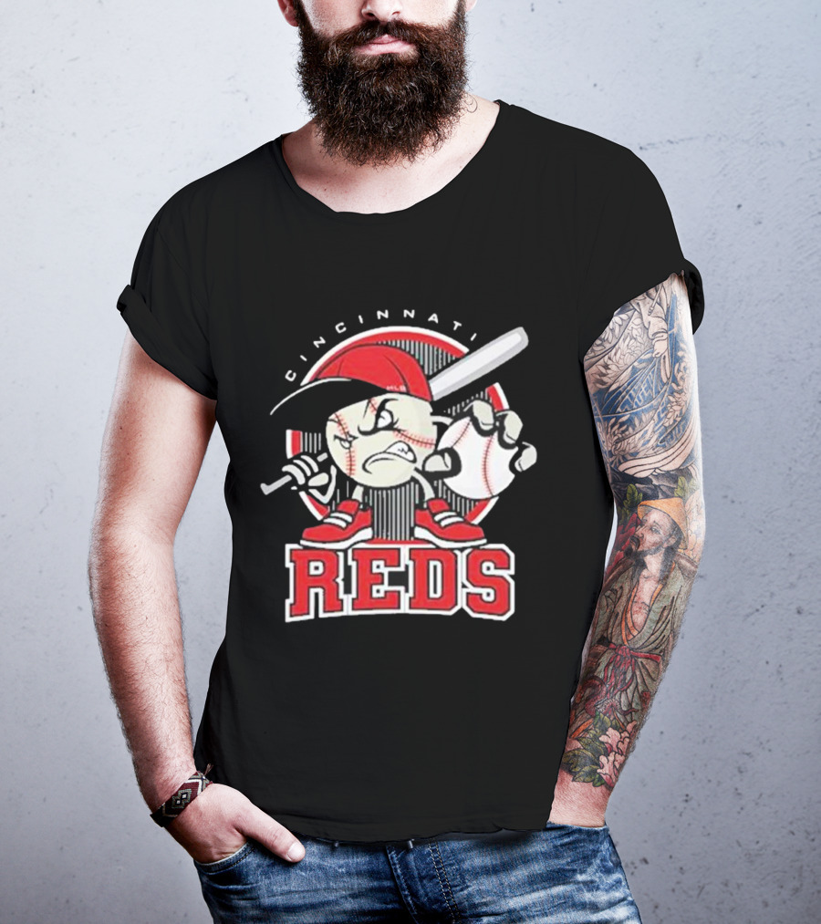 Cincinnati Reds Retro Baseball Character With Cap And Bat T-Shirt