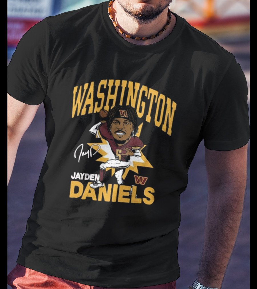 Washington Commanders NFL Jayden Daniels Caricature Player Signature T-Shirt