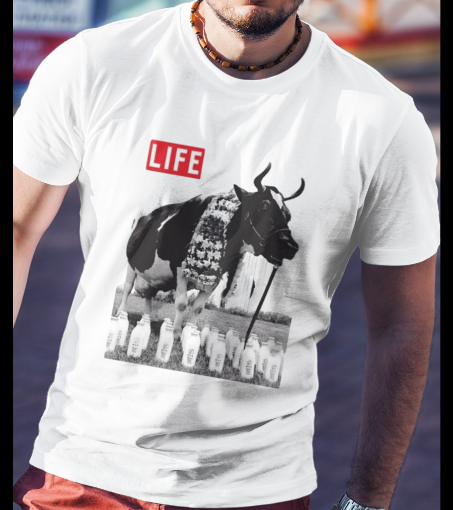 Life Magazine Cow With Milk Bottles And Floral Garland T-Shirt