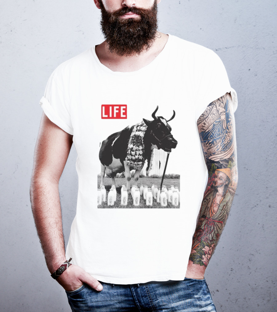 Life Magazine Cow With Milk Bottles And Floral Garland T-Shirt