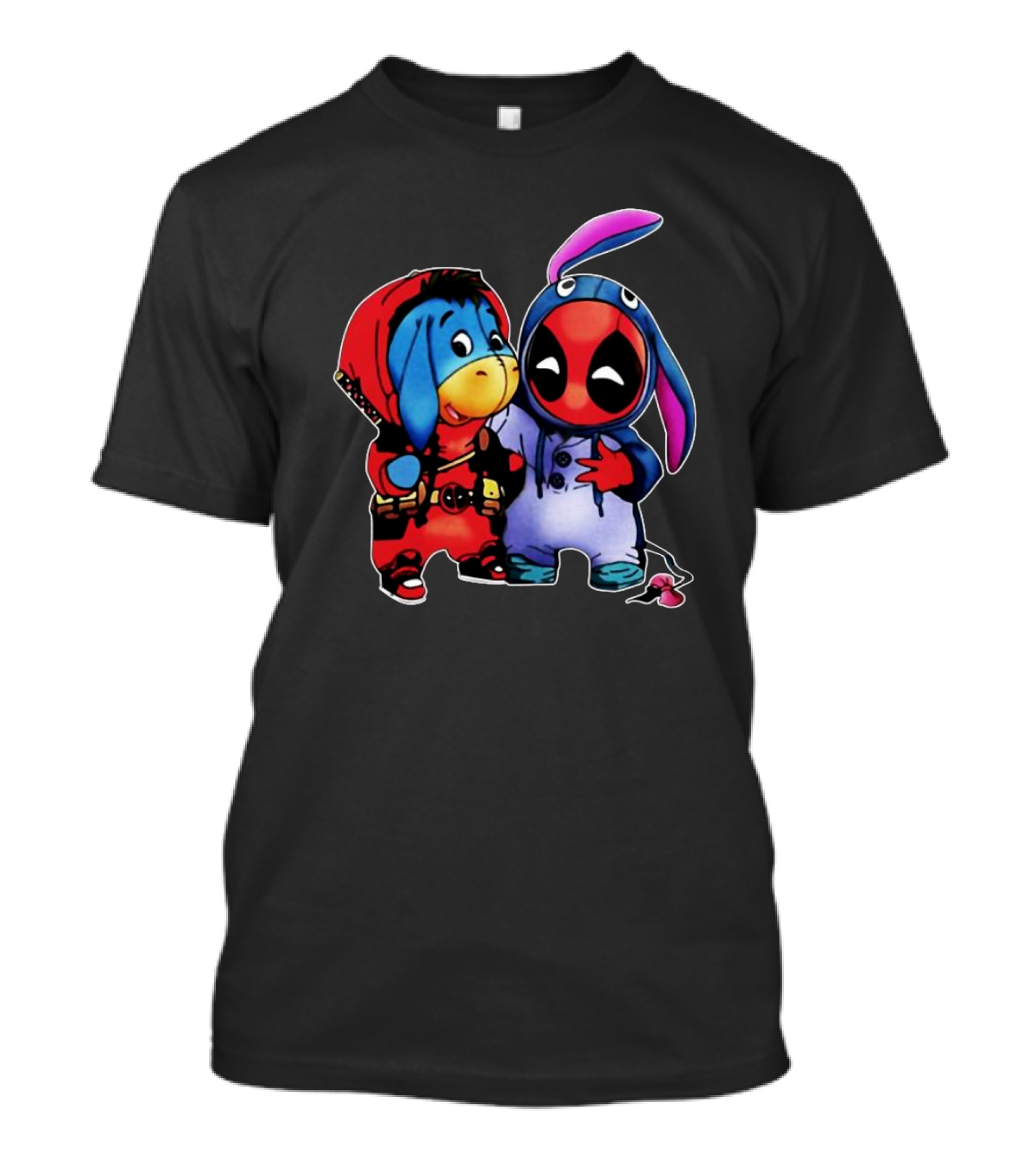Baby Donkey And Deadpool In Cosplay Onesies With Bunny Ears And Red T-Shirt