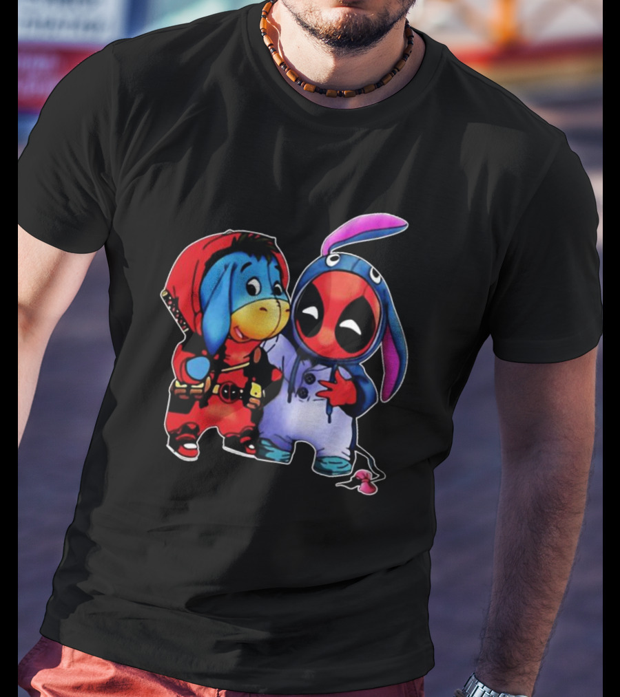 Baby Donkey And Deadpool In Cosplay Onesies With Bunny Ears And Red T-Shirt