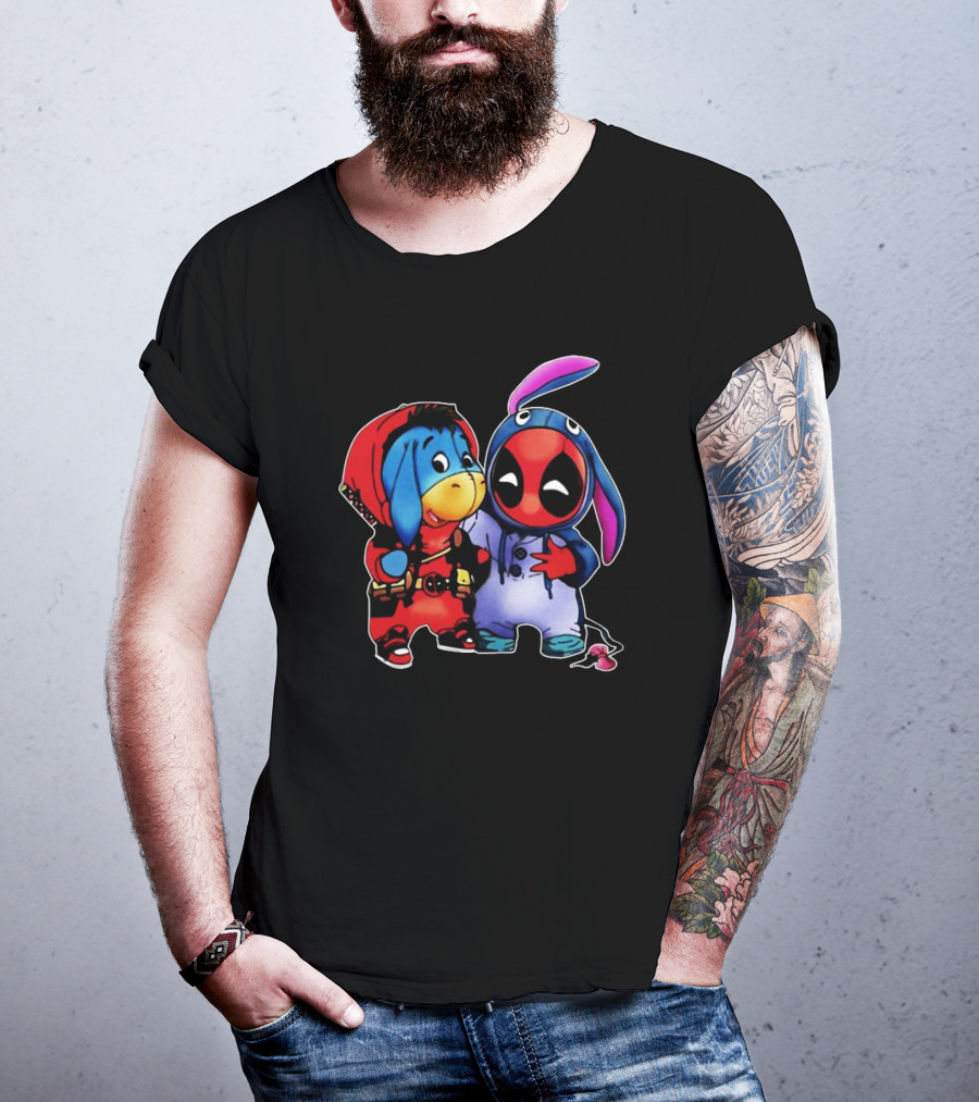 Baby Donkey And Deadpool In Cosplay Onesies With Bunny Ears And Red T-Shirt