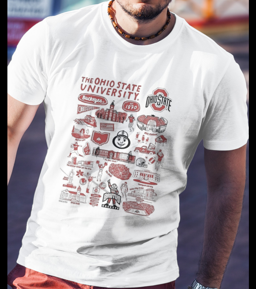 The Ohio State University Buckeyes Brutus Buckeye Est 1870 Scarlet And Gray Landmarks Montage T-Shirt