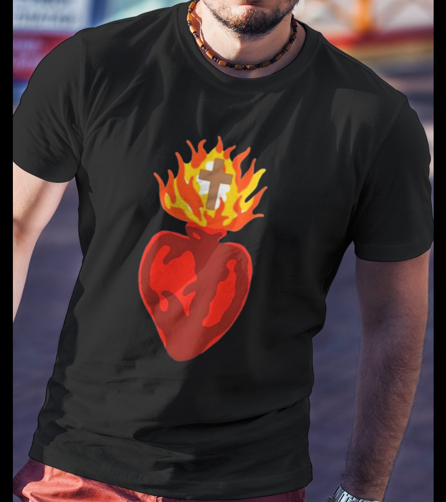 B Lake Sacred Heart Love Of God Cross Flame T-Shirt
