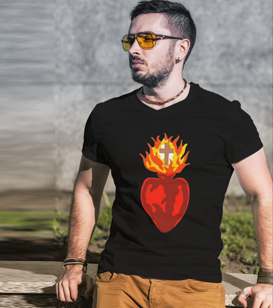 B Lake Sacred Heart Love Of God Cross Flame T-Shirt