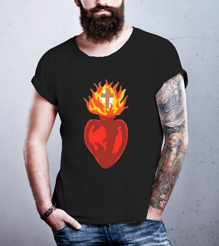 B Lake Sacred Heart Love Of God Cross Flame T-Shirt