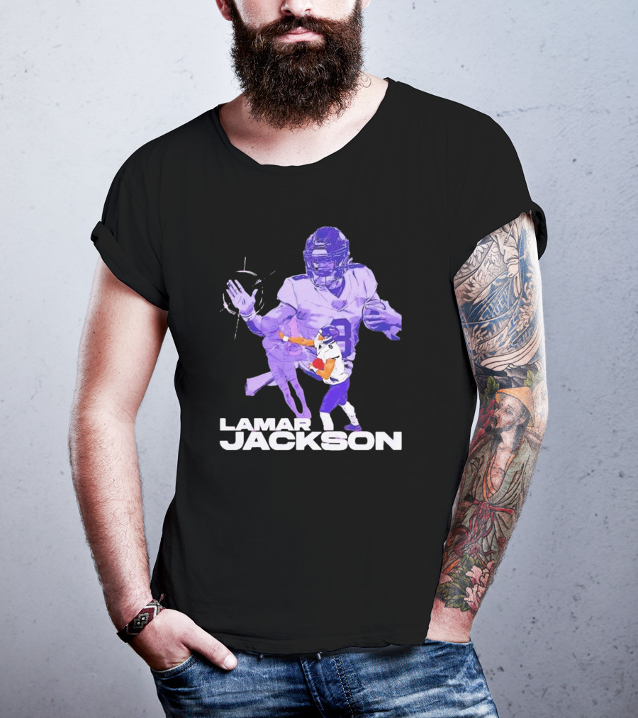 Lamar Jackson Baltimore Ravens NFL Stiff Arm Dynamic Action Play T-Shirt