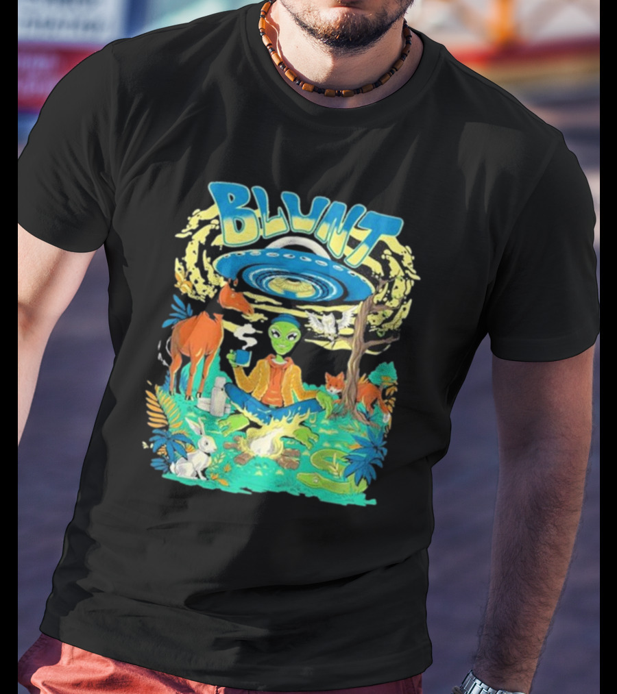 Blunt UFO Alien Smoking Forest Scene T-Shirt