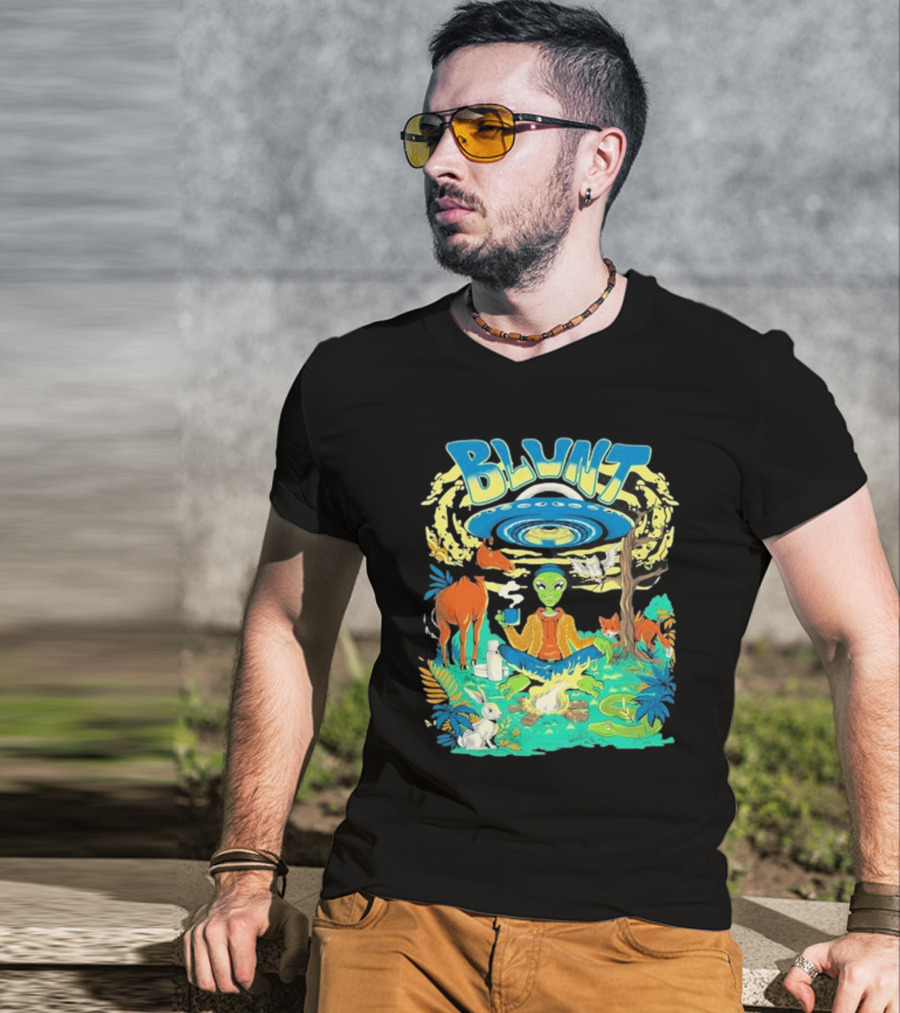 Blunt UFO Alien Smoking Forest Scene T-Shirt