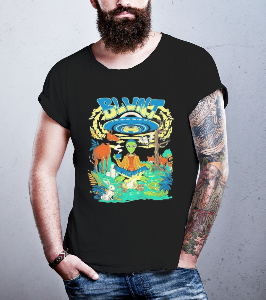 Blunt UFO Alien Smoking Forest Scene T-Shirt