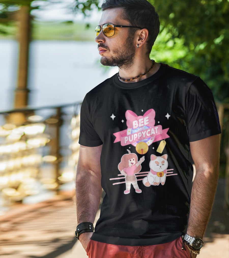 Bee And PuppyCat Cute Cartoon Characters With Pink Bow And Stars T-Shirt