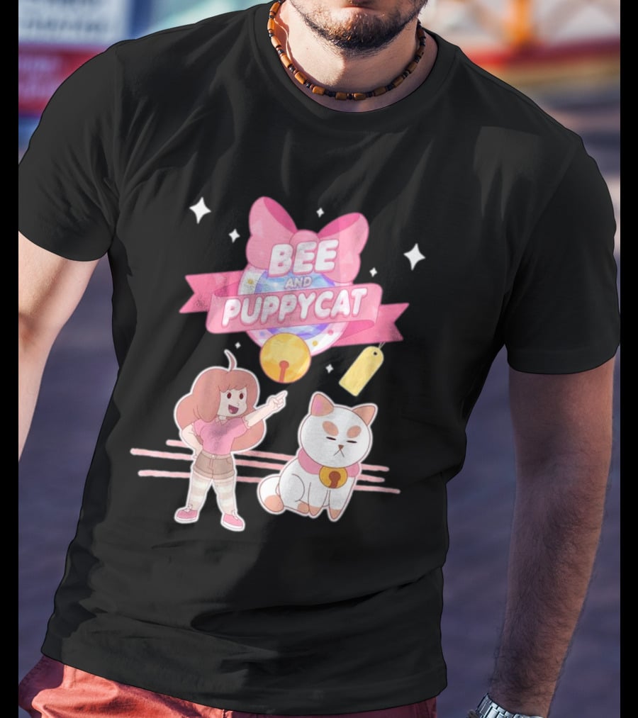 Bee And PuppyCat Cute Cartoon Characters With Pink Bow And Stars T-Shirt