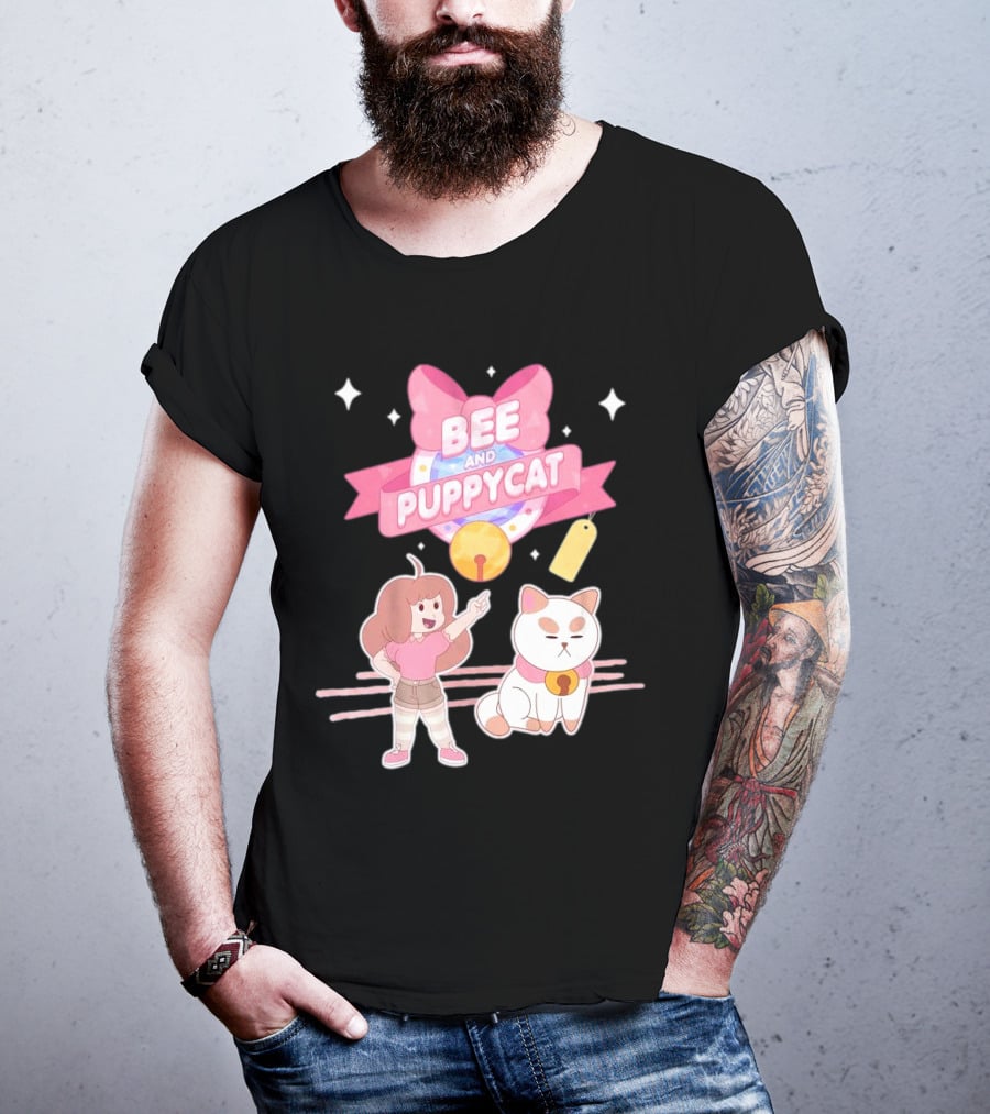 Bee And PuppyCat Cute Cartoon Characters With Pink Bow And Stars T-Shirt