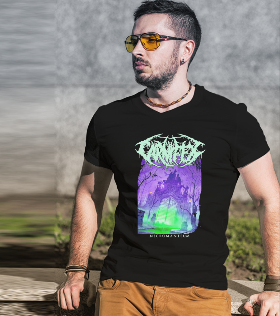 Carnifex Necromanteum Haunted Gothic Castle With Glowing Green And Purple Portal T-Shirt