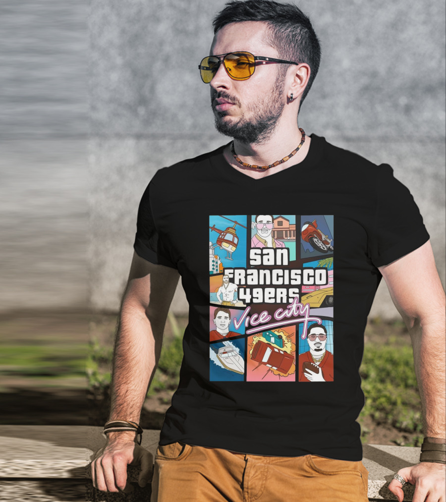 San Francisco 49ers Vice City Helicopter Car Yacht Football T-Shirt