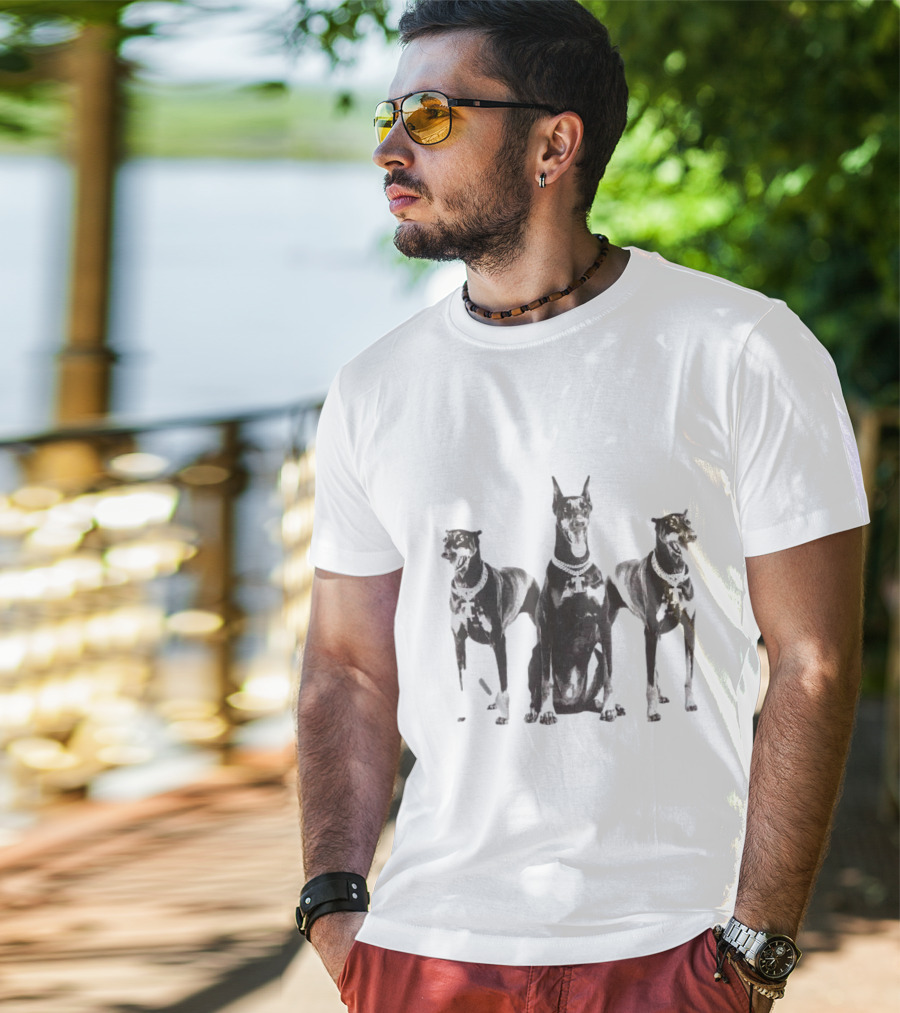 Doberman Dogs Trio In Black And White With Chain Collars T-Shirt