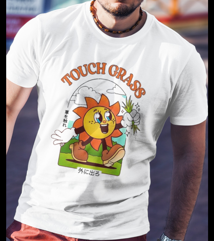 Touch Grass Retro Sun Character Outdoors Japanese Text T-Shirt