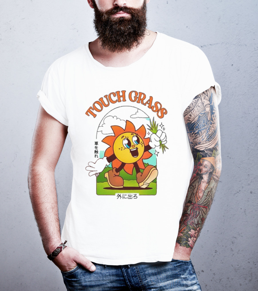 Touch Grass Retro Sun Character Outdoors Japanese Text T-Shirt
