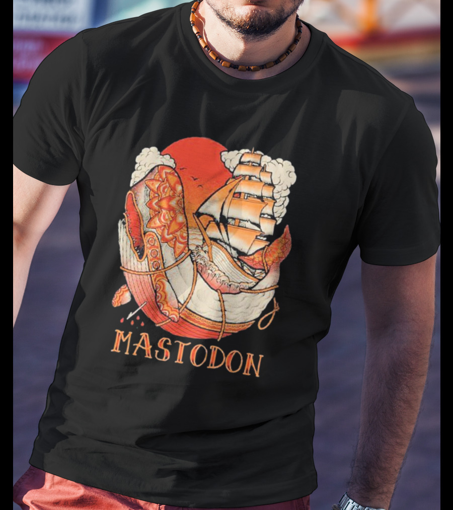 Mastodon Whale Tattoo Ship Against Red Sun T-Shirt