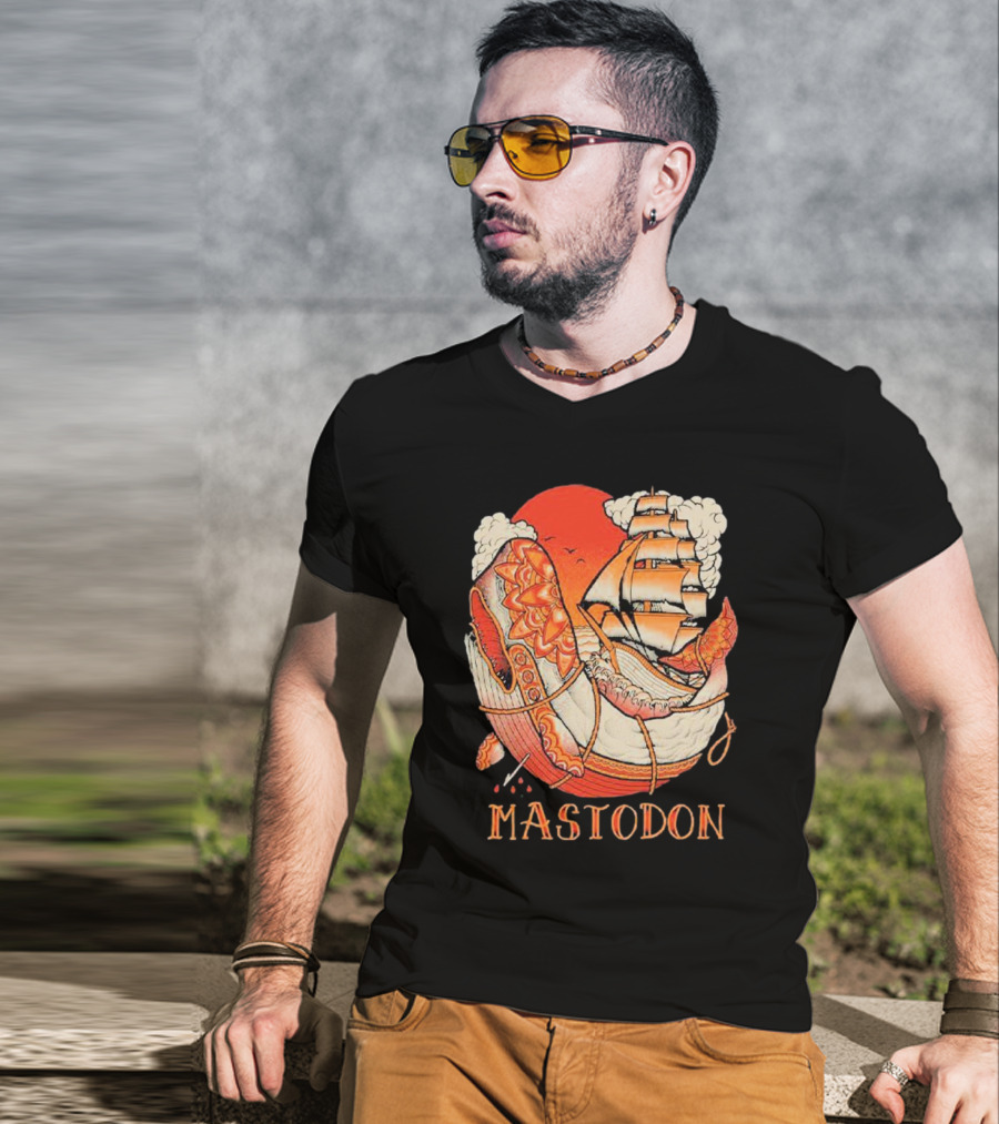 Mastodon Whale Tattoo Ship Against Red Sun T-Shirt