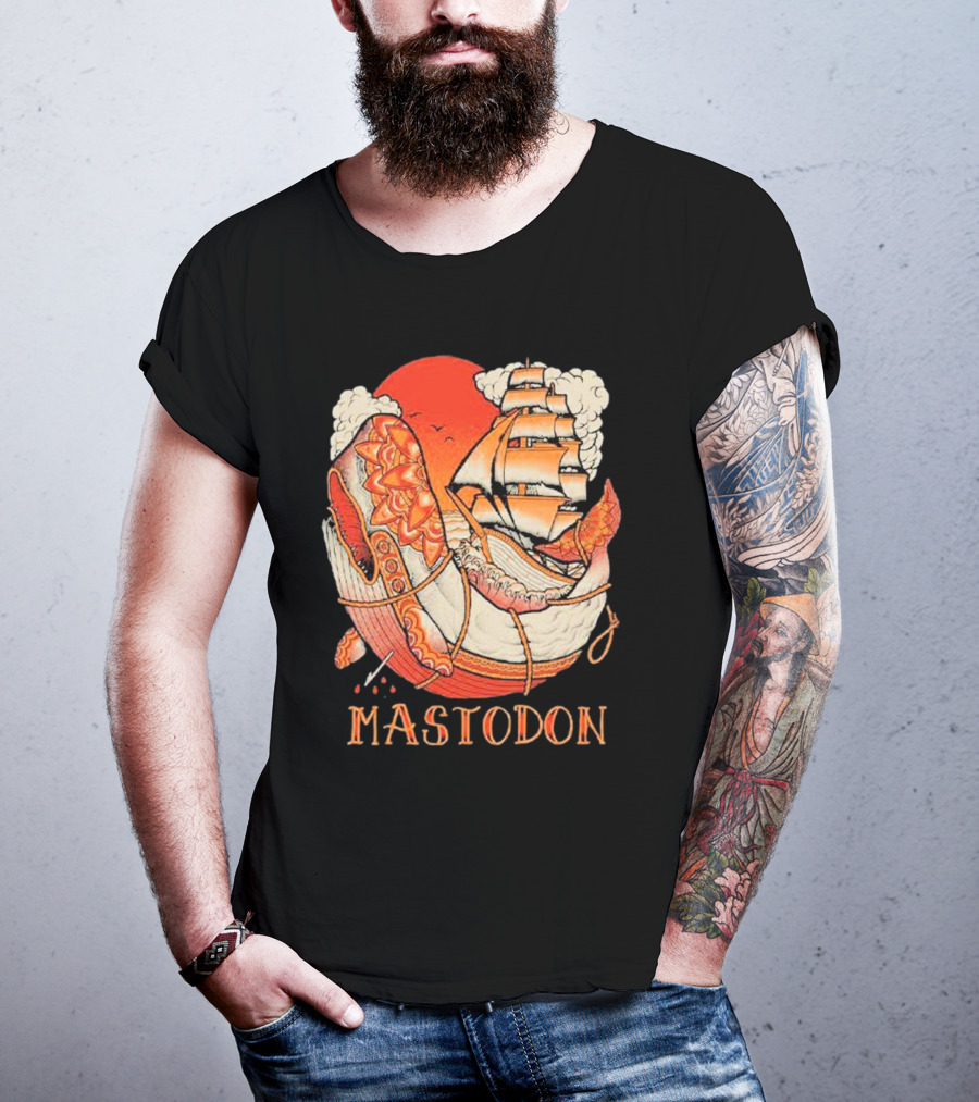 Mastodon Whale Tattoo Ship Against Red Sun T-Shirt
