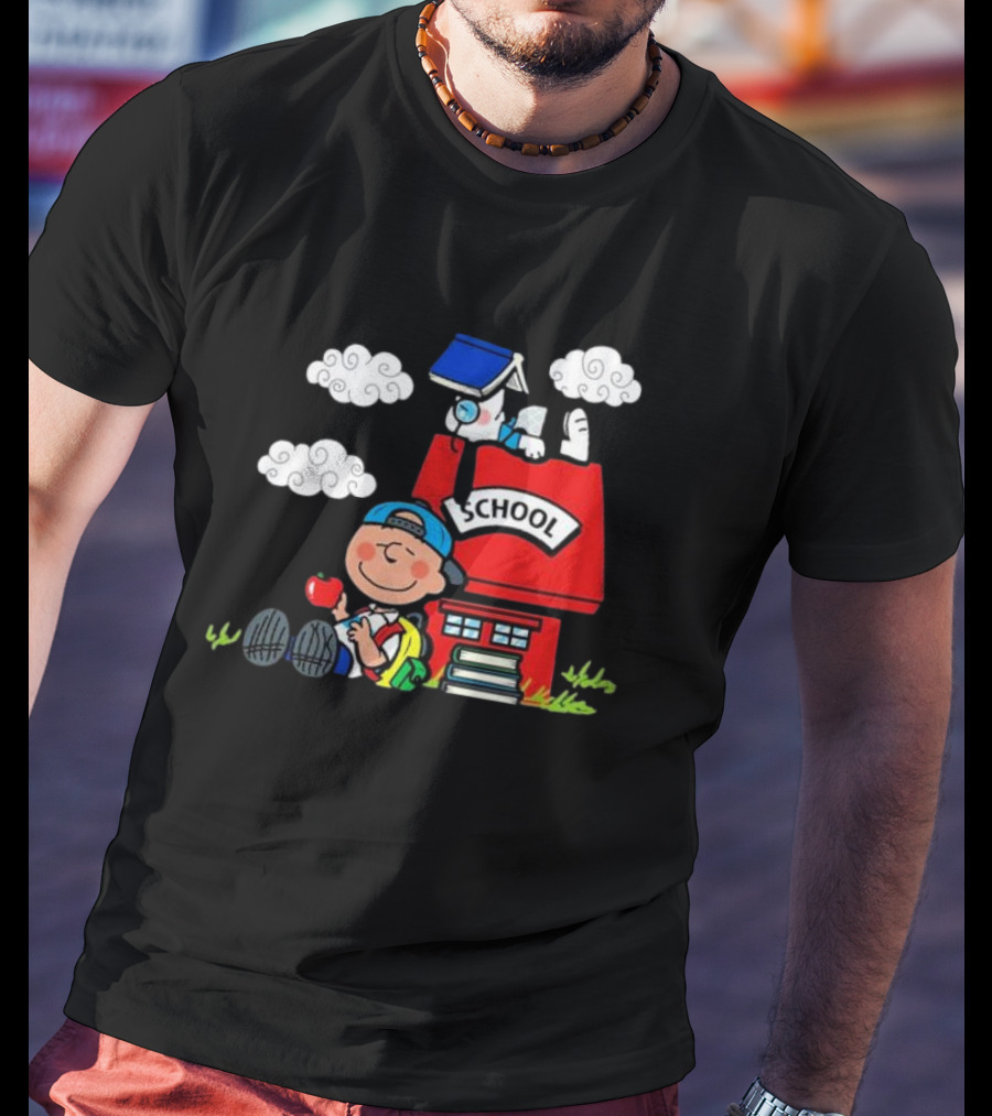 Snoopy School House With Backpack Apple And Clouds T-Shirt