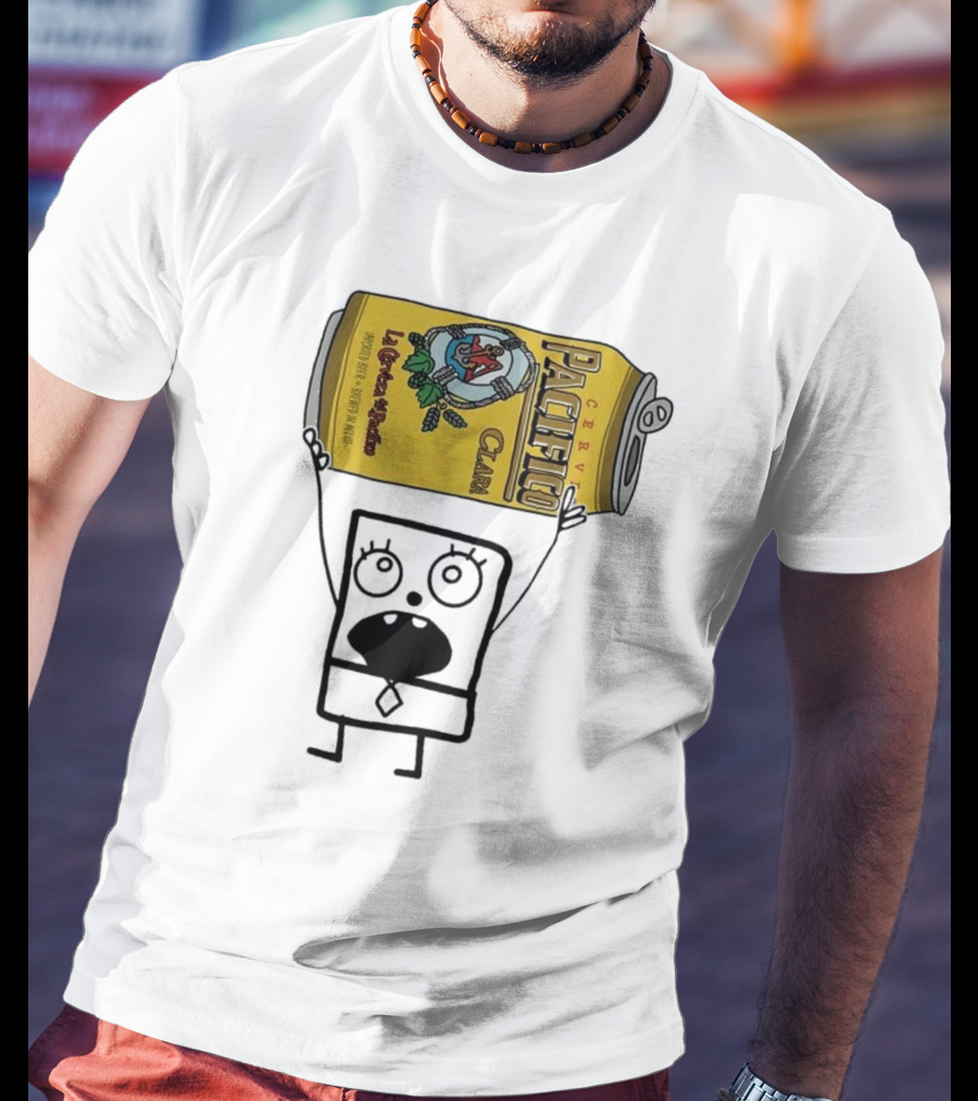 Doodlebob Holding Pacifico Clara La Cerveza Del Pacifico Beer Can T-Shirt