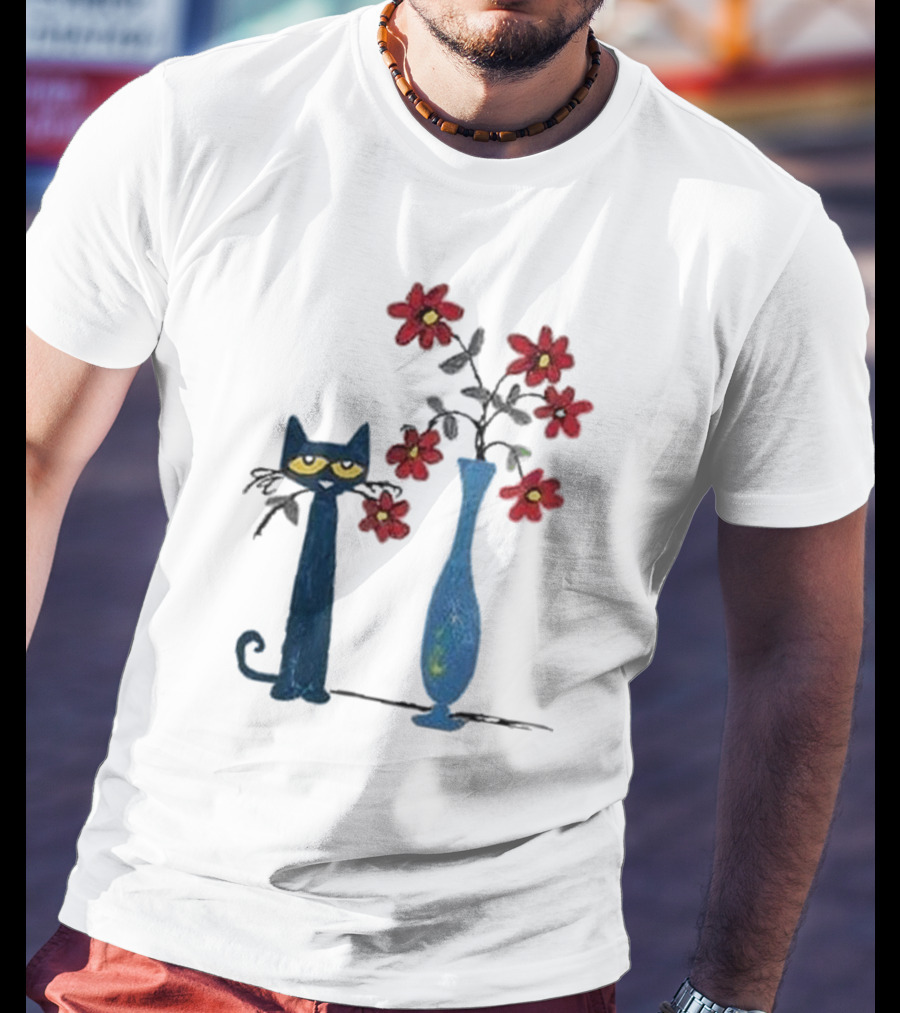 Pete The Cat And Red Flowers In Blue Vase T-Shirt