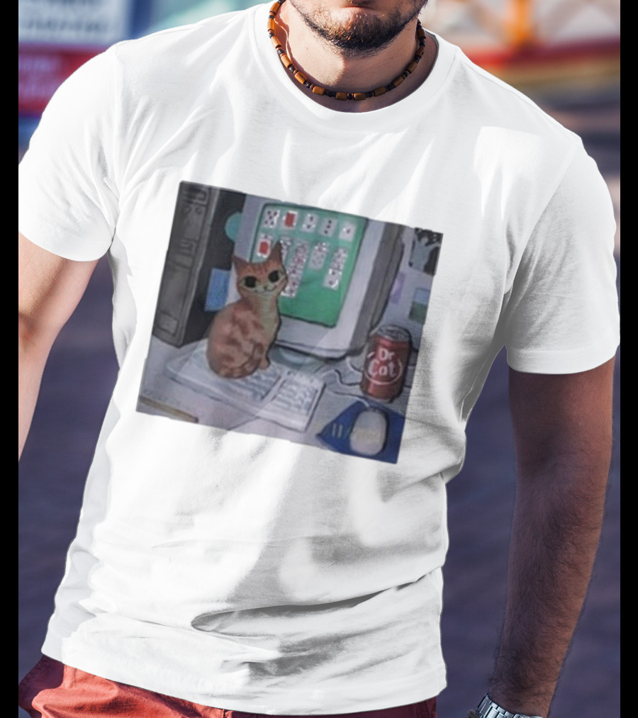 Solitaire Cat Drinking Dr Cat Next To Computer T-Shirt