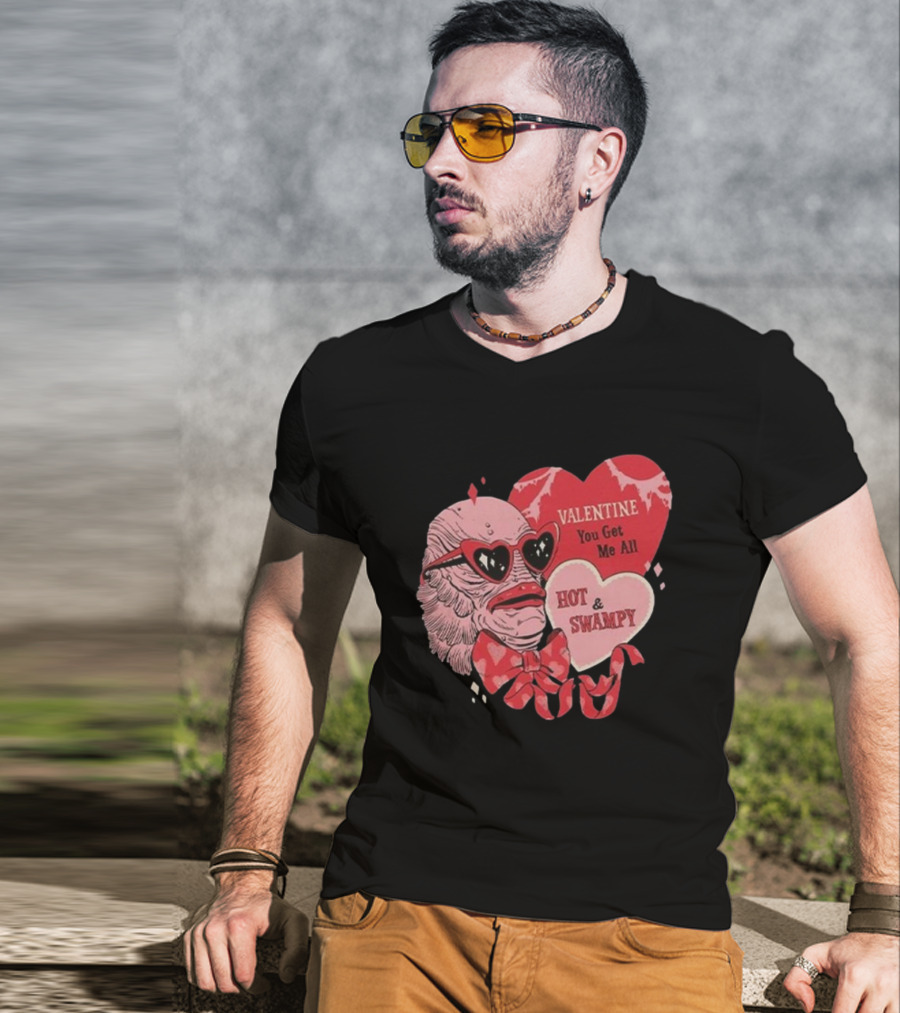 Valentine You Get Me All Hot And Swampy Creature With Heart Sunglasses And Bow Tie T-Shirt