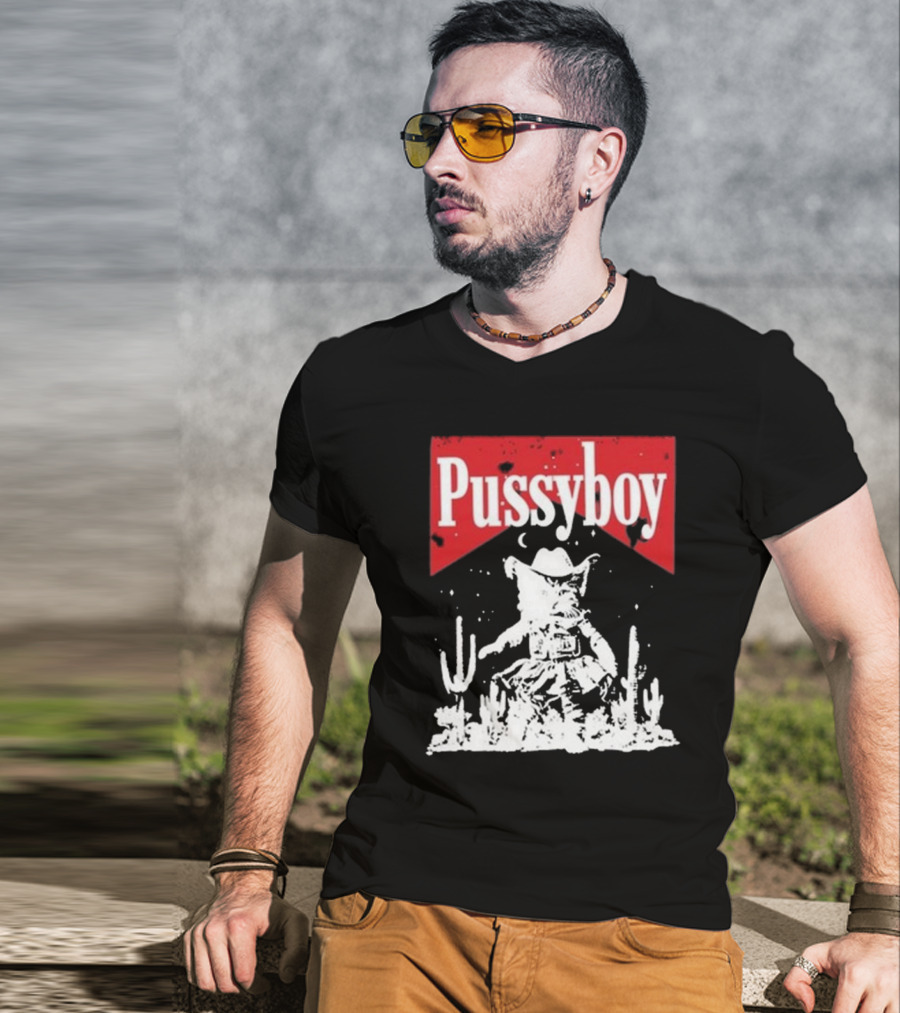 Ezramichelmusic Pussyboy Western Cat Cactus Night Scene T-Shirt