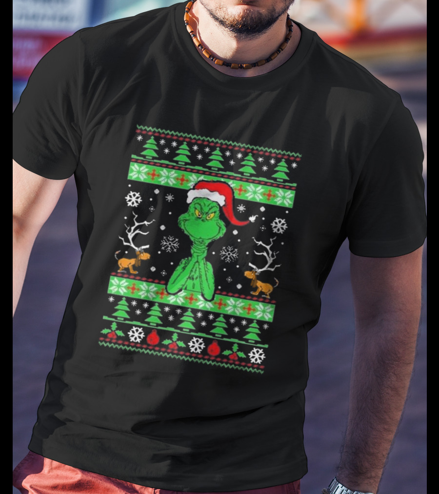 Grinch Santa Max Reindeer Trees Snowflakes Ugly Christmas T-Shirt