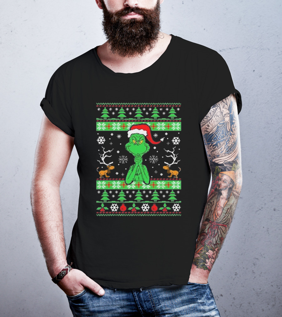 Grinch Santa Max Reindeer Trees Snowflakes Ugly Christmas T-Shirt