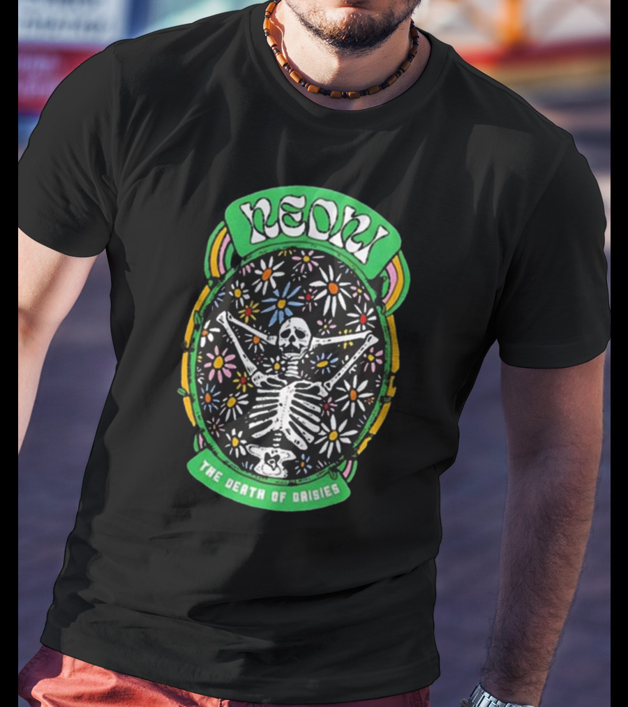 Neon The Death Of Daisies Skeleton Surrounded By Flowers T-Shirt