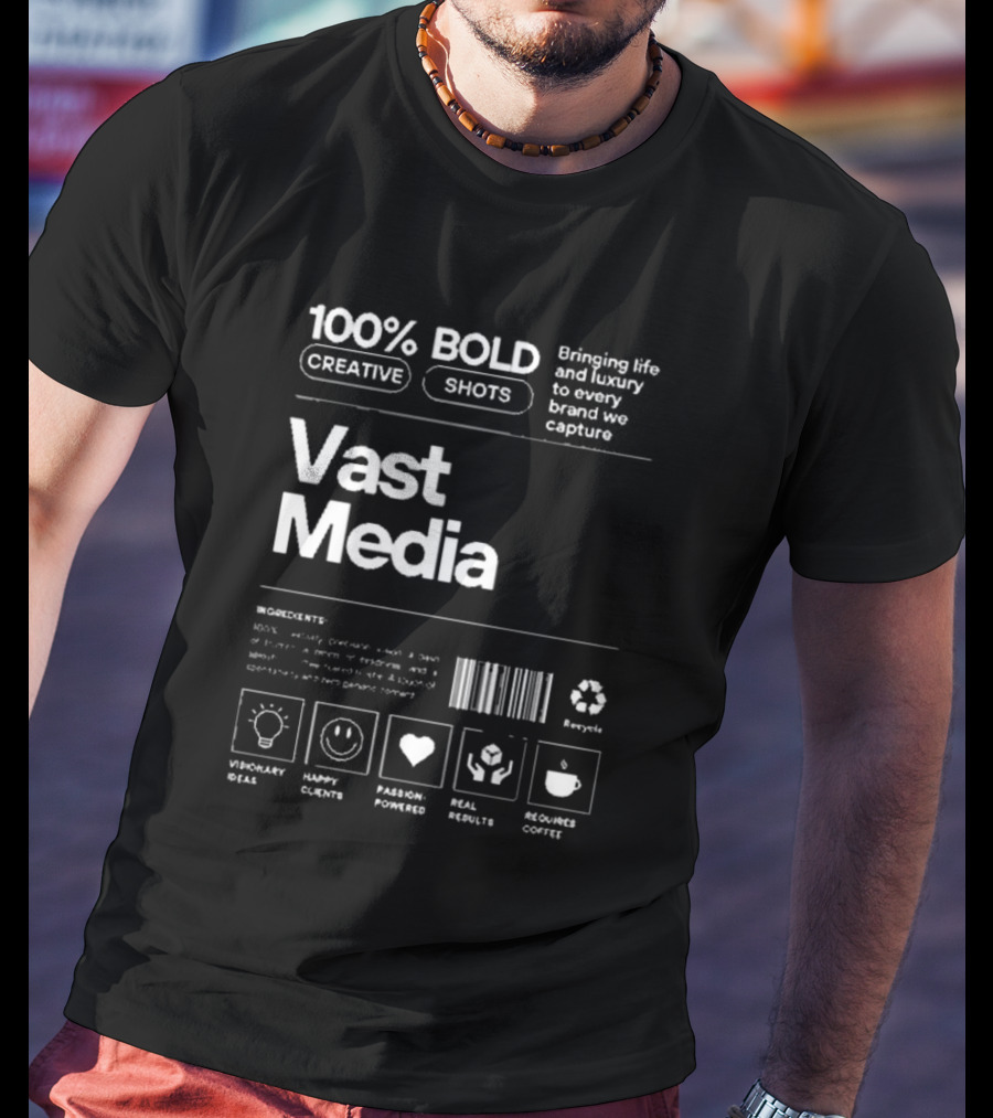 100% Bold Creative Shots Bringing Life And Luxury To Every Brand We Capture Vast Media Visionary Ideas Happy Clients Passion-Powered Real Results Requires Coffee T-Shirt