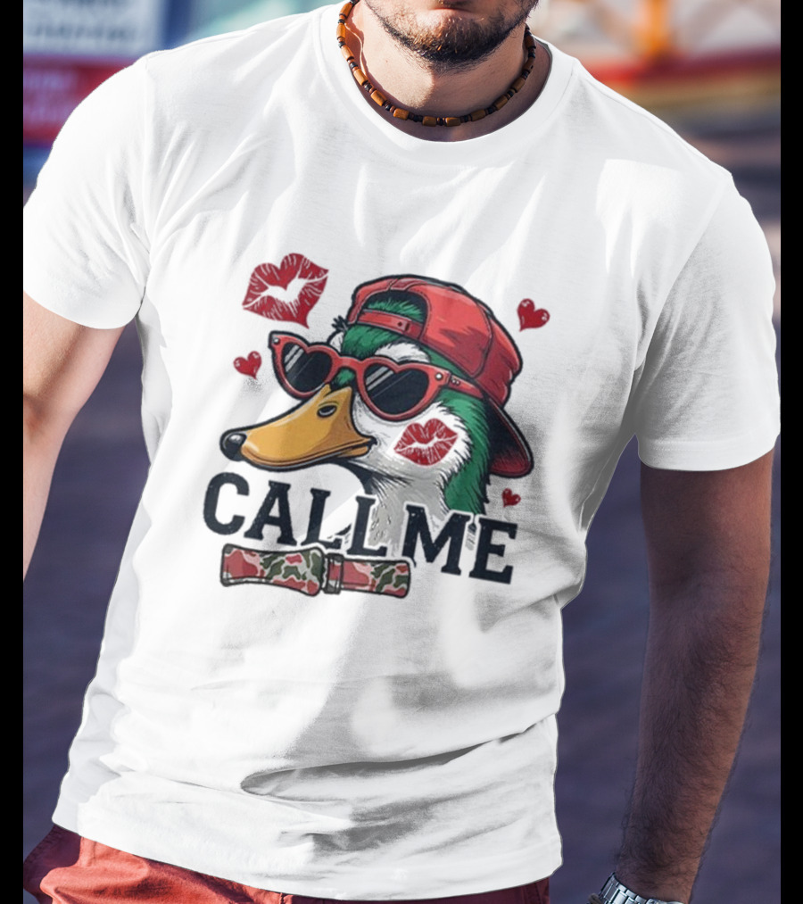 Call Me Valentine Mallard Duck In Sunglasses And Red Cap Surrounded By Hearts And Kisses T-Shirt